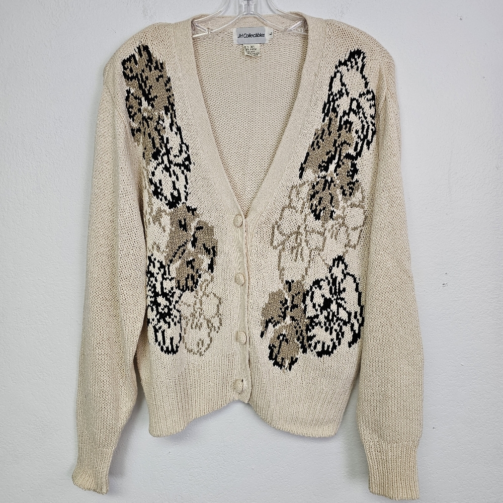 VTG JH Collectibles Cardigan Silk Blend Cream Floral Accent Sz L Grandmacore